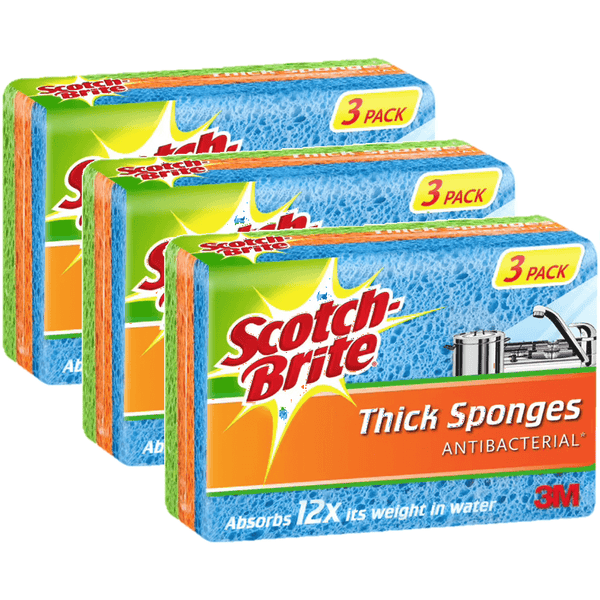 3 Pack Scotch-Brite Antibacterial Thick Sponges Pack 3 AN010596102 (3 Packs) - SuperOffice