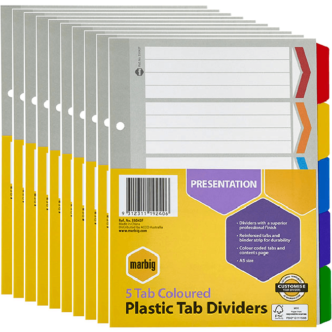 10 Pack Marbig Divider Reinforced Manilla 5-Tab A5 Assorted Colours Bulk 35042F (10 Sets) - SuperOffice