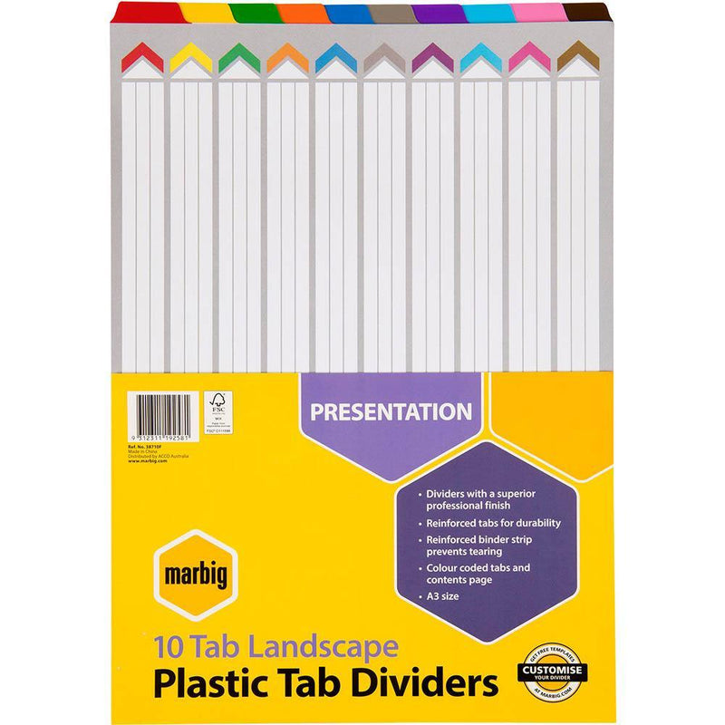 10 Pack Marbig Tab Dividers Landscape A3 Manilla Board 10-Tab Assorted Coloursi 38710F (10 Pack) - SuperOffice