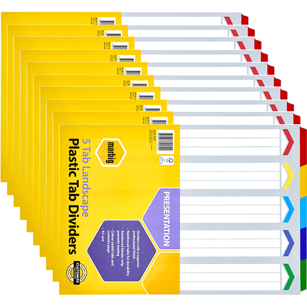 10 Pack Marbig Tab Dividers Landscape Manilla Board 5-Tab A3 Assorted Colours 38705F (10 Pack) - SuperOffice
