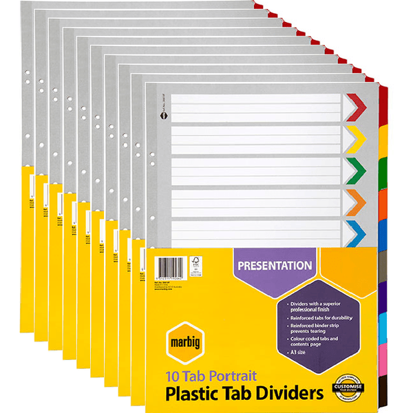 10 Pack Marbig Tab Dividers Manilla Board Portrait 10-Tab A3 Assorted Colours 38610F (10 Pack) - SuperOffice