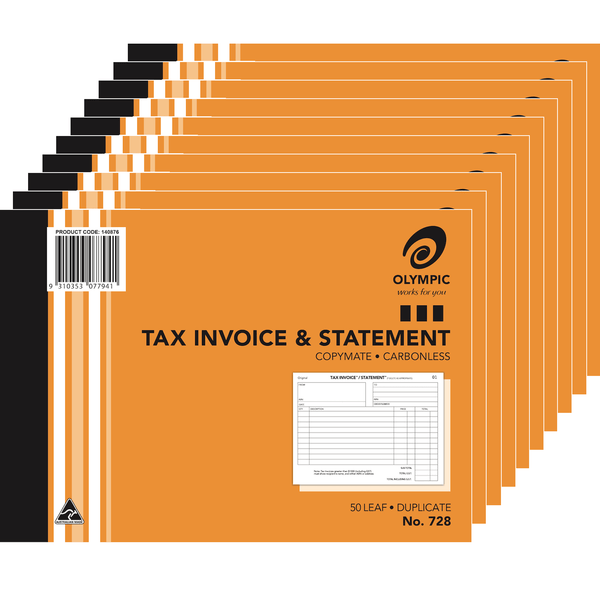 10 Pack Olympic 728 Duplicate Tax Invoice & Statement Book 50 Leaf Bulk 142806 (10 Pack) - 728 - SuperOffice