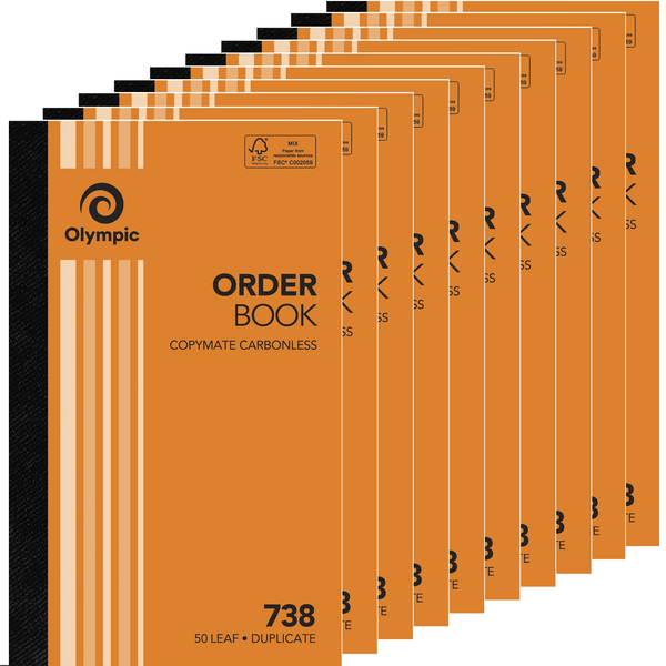 10 Pack Olympic 738 Duplicate Order Book Carbonless 50 Leaf Bulk 142793 (10 Pack) - 738 - SuperOffice