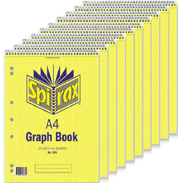 10 Pack Spirax 585 Graph Book Top Opening 5mm 60 Page A4 Spiral 55237 (10 Pack) - SuperOffice