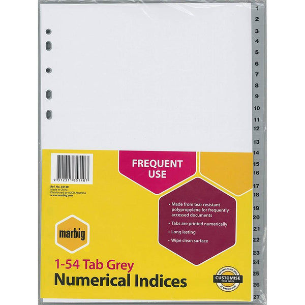 10 Packs Marbig Index Divider PP 1-54 Tab A4 Grey 35140 (10 Packs) - SuperOffice