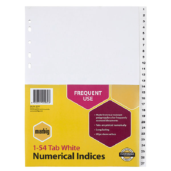 10 Packs Marbig Index Divider PP 1-54 Tab A4 White 35141 - SuperOffice