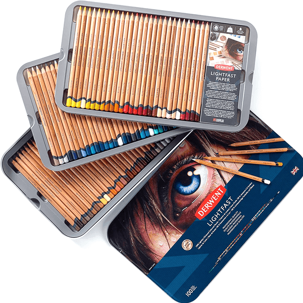 100 Derwent Lightfast Coloured Pencils Professional Tin Set + Paper Pad Light Fast 2306017 - SuperOffice