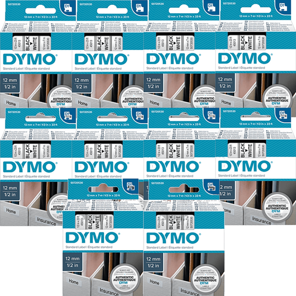 10x Dymo D1 Labelling Tape 12mmx7m Black On White 45013 BULK Genuine S0720530 (10 Pack) - SuperOffice