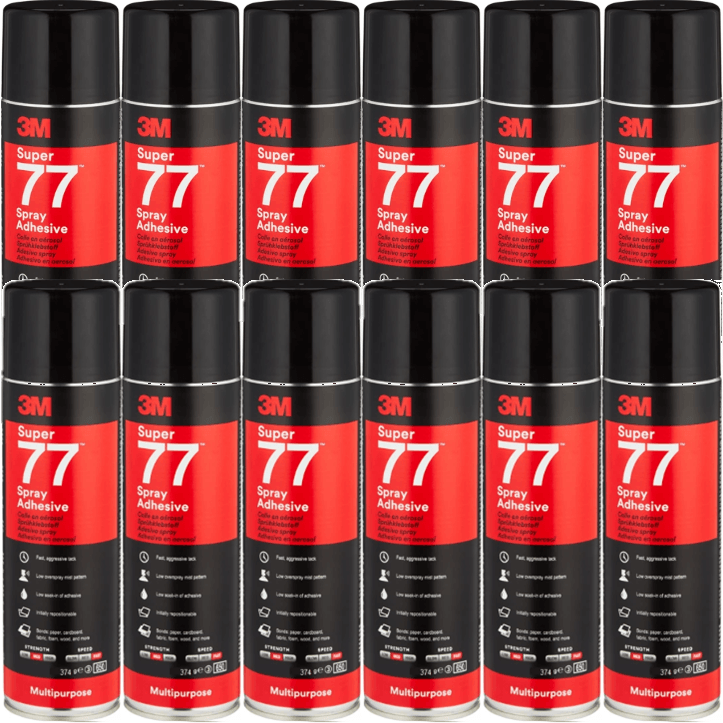 12 Pack 3M Super 77 Multi-Purpose Adhesive Glue Spray Can 375G BULK XE006002507 (12 Pack) - SuperOffice