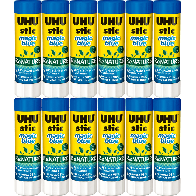 12 Pack UHU ReNature Glue Stick Magic Blue 40G Sticks Plant Based Bulk 33-00005 - SuperOffice