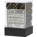 Chessex 25828 Opaque 12mm d6 Black/Gold Block 36