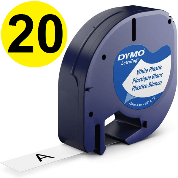 20 Pack Dymo 91331 Letratag Plastic Labelling Tape Refill 12mm Black On White 91331 - SuperOffice