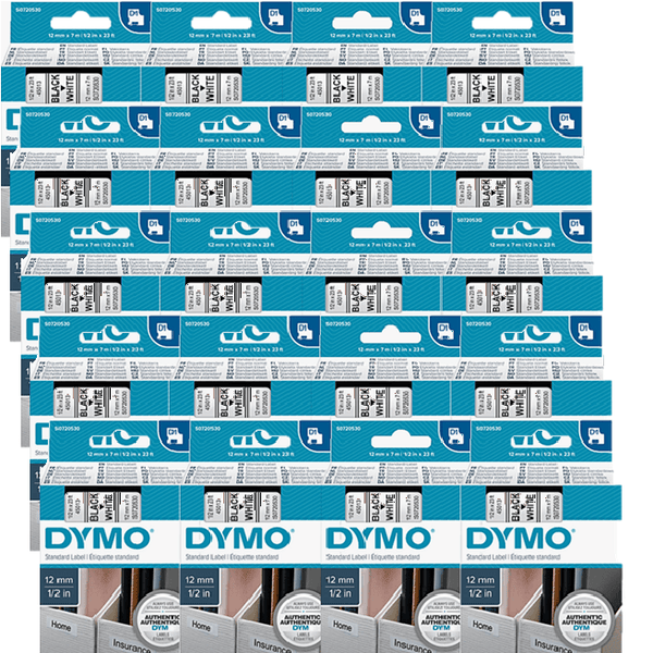 20x Dymo D1 Labelling Tape 12mmx7m Black On White 45013 Cartridge Cassette Genuine S0720530 (20 Pack) - SuperOffice