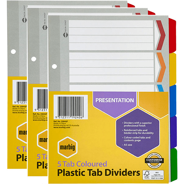 3 Pack Marbig Divider Reinforced Manilla 5-Tab A5 Assorted Colours 35042F (3 Sets) - SuperOffice