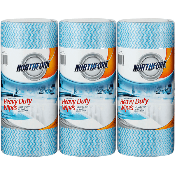 3 Pack Northfork Heavy Duty Antibacterial Perforated Wipes 45m Roll Blue Pack 90 Sheets 631253641 (3 Rolls) - SuperOffice