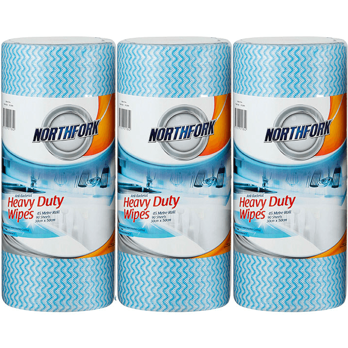 3 Pack Northfork Heavy Duty Antibacterial Perforated Wipes 45m Roll Blue Pack 90 Sheets 631253641 (3 Rolls) - SuperOffice
