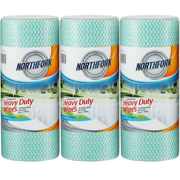 3 Pack Northfork Heavy Duty Antibacterial Perforated Wipes Roll Green 90 Sheets 631253640 (3 Rolls) - SuperOffice
