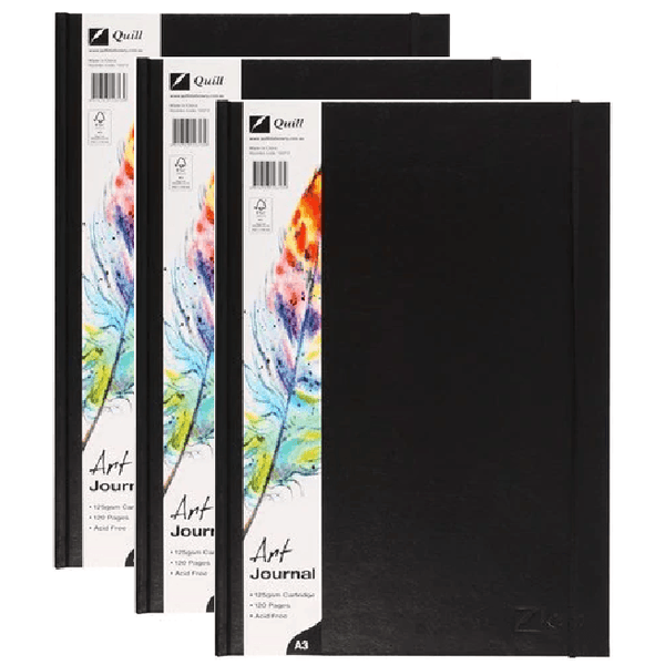 3 Pack Quill Art Journal Diary Hard Cover 125Gsm 120 Pages A3 Black 100851320 (3 Pack) - SuperOffice