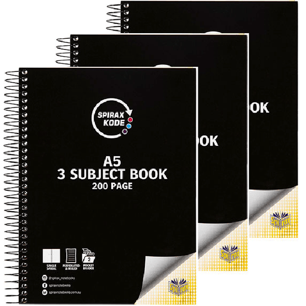 3 Pack Spirax Kode 3-Subject Section Notebook A5 Black 56961C (3 Pack) - SuperOffice