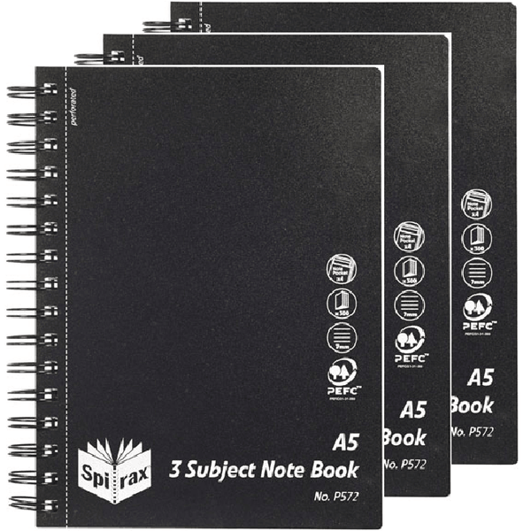 3 Pack Spirax P572 3-Subject Notebook Spiral Bound 300 Page A5 Black 5657200 (3 Pack) - SuperOffice