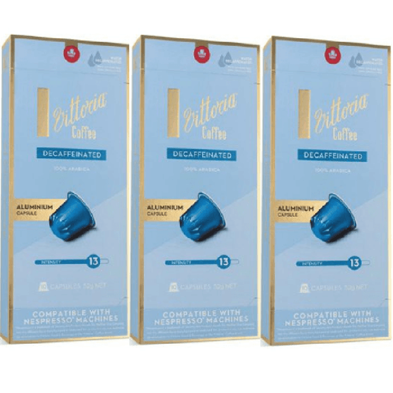 3 Pack Vittoria Coffee Capsules Decaffeinated Decaf Aluminium Pods Capsules Pack 10 3640 (3 Pack) - SuperOffice