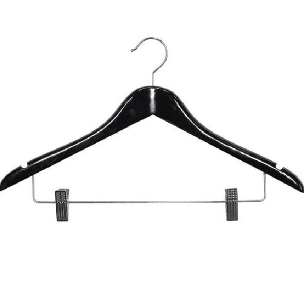 Compass Black Wood Standard Hook Clothes Coat Hanger With Clips Pack 100 Bulk 59126BLK (100 Pack) - SuperOffice