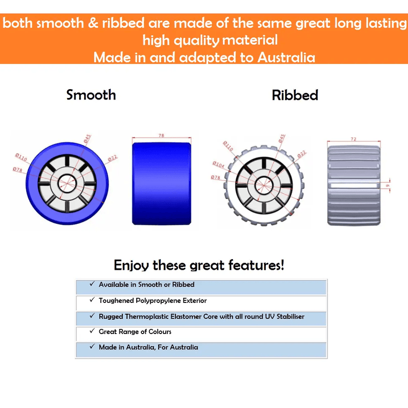 4" Boat Trailer Wobble Roller Ribbed 22mm Bore Hole 3" Wide Rollers Blue/Black Blue/Black Ribbed Rollers - SuperOffice