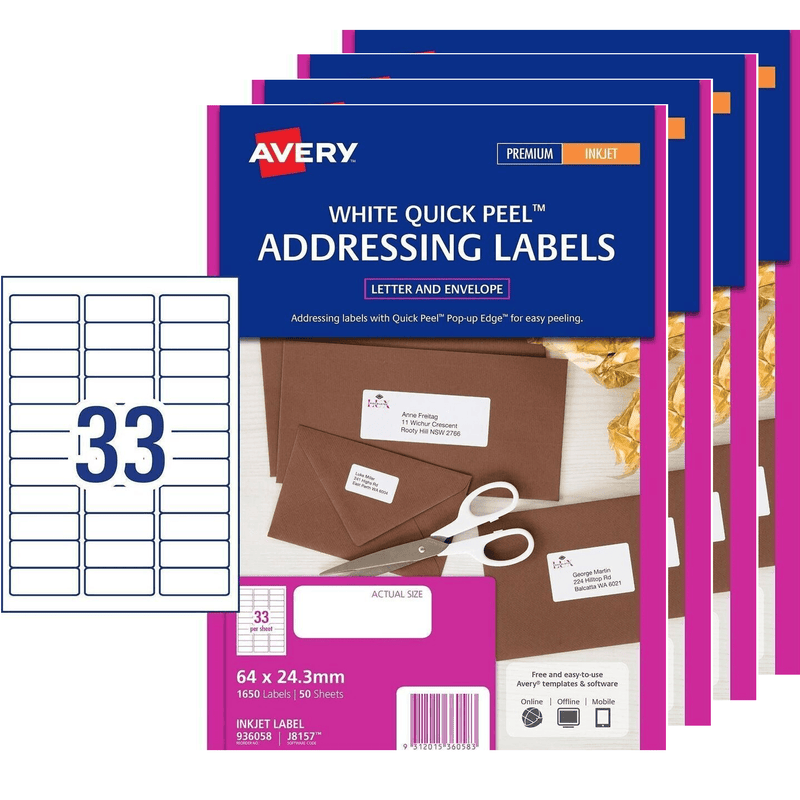 4 Pack Avery 936058 J8157 Quick Peel Address Label Inkjet 33/Page White 50 Sheets 936058 (4 Packs) - SuperOffice