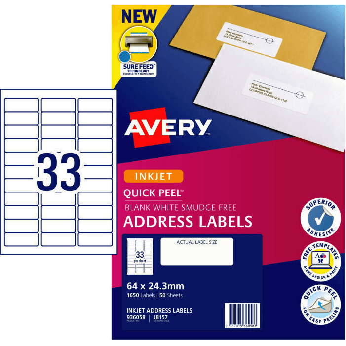 4 Pack Avery 936058 J8157 Quick Peel Address Label Inkjet 33/Page White 50 Sheets 936058 (4 Packs) - SuperOffice