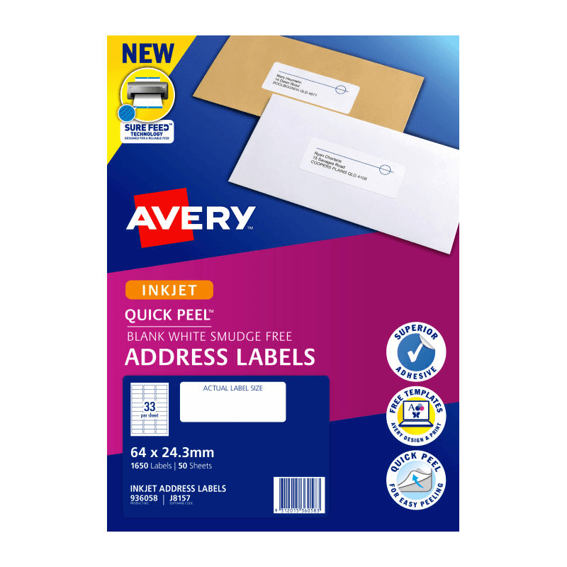 4 Pack Avery 936058 J8157 Quick Peel Address Label Inkjet 33/Page White 50 Sheets 936058 (4 Packs) - SuperOffice