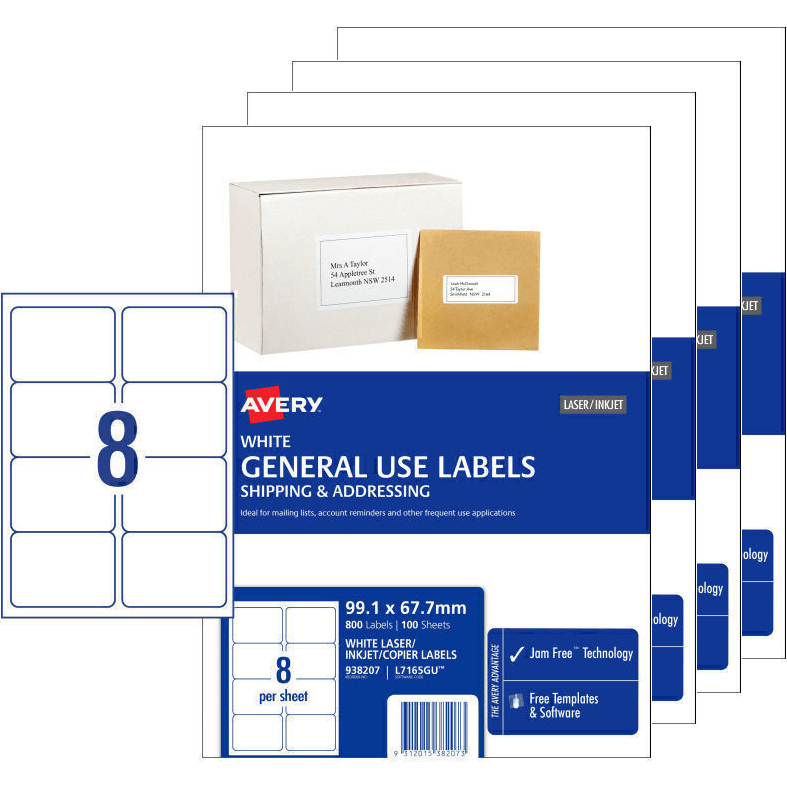 4 Pack Avery 938207 L7165 General Use Laser Inkjet Copier Label 8/Page White Pack 100 Sheets 938207 (4 Packs) - SuperOffice