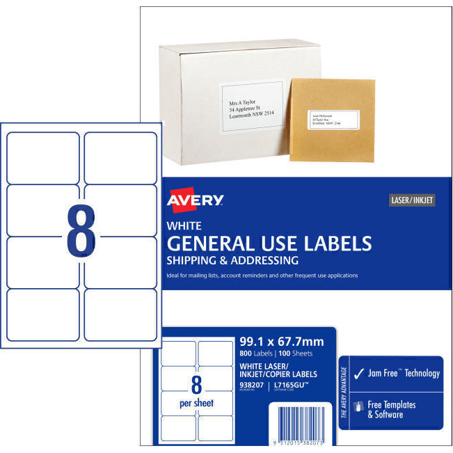 4 Pack Avery 938207 L7165 General Use Laser Inkjet Copier Label 8/Page White Pack 100 Sheets 938207 (4 Packs) - SuperOffice