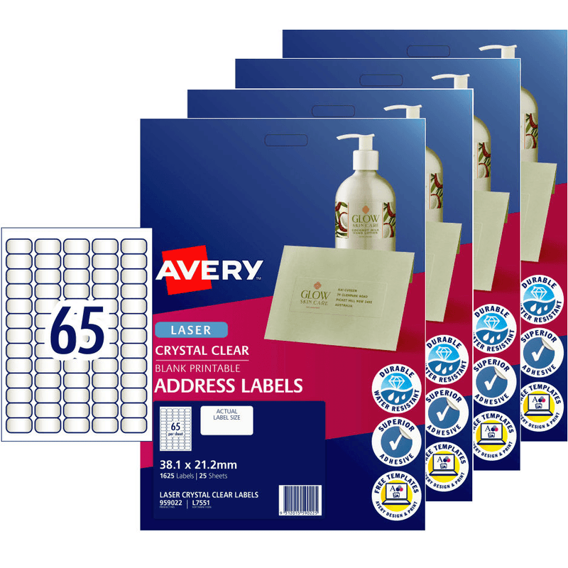 4 Pack Avery 959022 L7551 Crystal Clear Address Label Laser 65/Page 25 Sheets 959022 (4 Packs) - SuperOffice