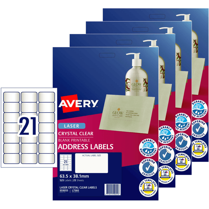 4 Pack Avery 959055 L7560 Crystal Clear Address Label Laser 21/Page Clear 25 Sheets 959055 (4 Pack) - SuperOffice