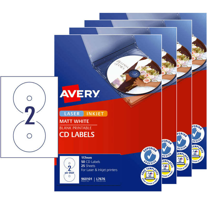 4 Pack Avery 960101 L7676 Laser Labels White CD/DVD 2/Page 25 Sheets 960101 (4 Pack) - SuperOffice