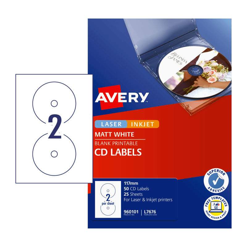 4 Pack Avery 960101 L7676 Laser Labels White CD/DVD 2/Page 25 Sheets 960101 (4 Pack) - SuperOffice