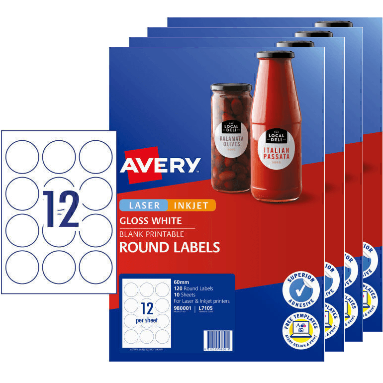 4 Pack Avery 980001 L7105 Labels Round 12/Page White Glossy Pack 120 980001 (4 Packs) - SuperOffice