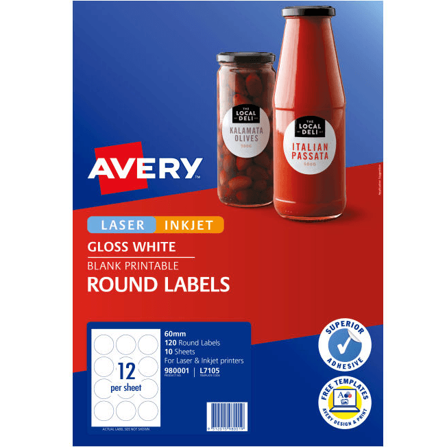 4 Pack Avery 980001 L7105 Labels Round 12/Page White Glossy Pack 120 980001 (4 Packs) - SuperOffice