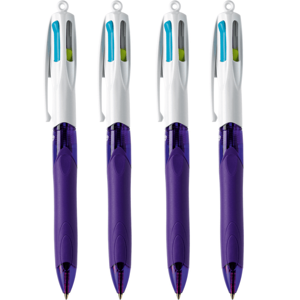 4 Pack Bic 4 Colour Fashion Grip Retractable Ballpoint Pen Medium 954305 (4 Pens) - SuperOffice