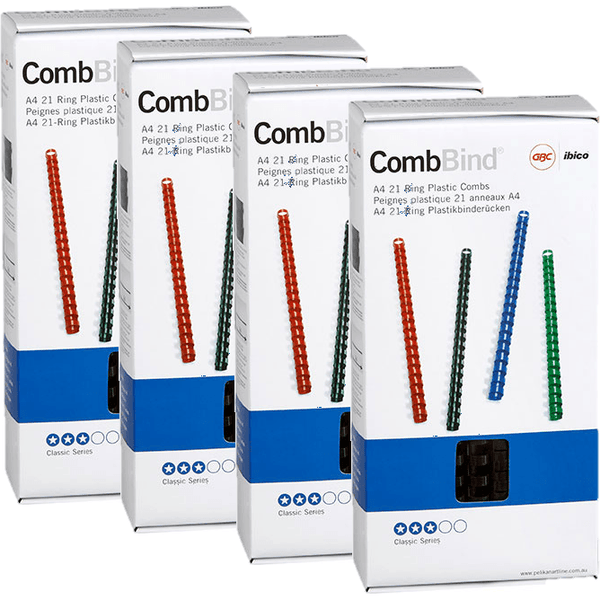 4 Pack GBC Plastic Binding Comb Spine Round 21 Loop 14mm A4 Black 100 Combs BEP14BK100 (4 Packs) - SuperOffice