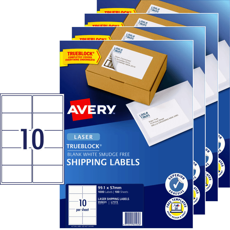 4 Packs Avery 959031 L7173 Trueblock Shipping Label Laser 10/Sheet White 100 Sheets 959031 (4 Packs) - SuperOffice