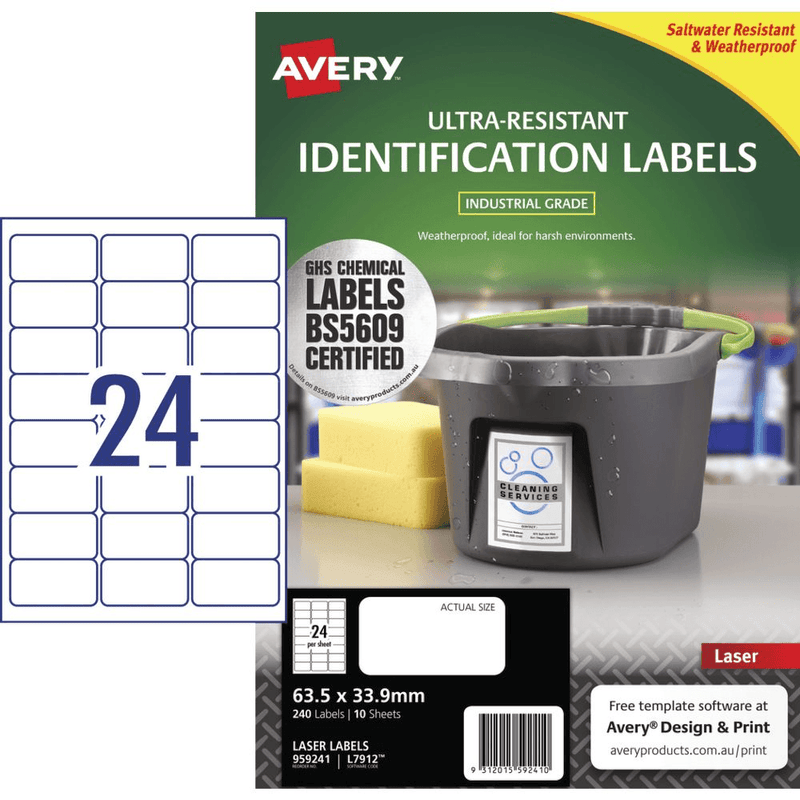 4 Packs Avery 959241 Ultra-Resistant Outdoor Labels 63.5x33.9mm 24/Page White 10 Sheets 959241 (4 Packs) - SuperOffice
