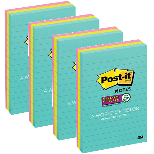 4 Packs Post-It Super Sticky Lined Ruled Notes 100x148mm Miami 3 Pads 70007053427 (4 Packs of 3) - SuperOffice