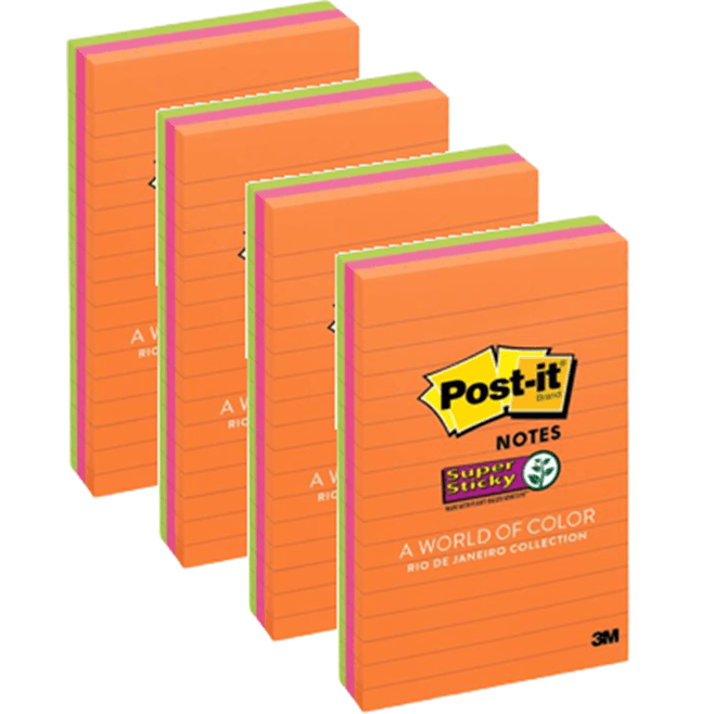 4 Packs Post-It Super Sticky Lined Ruled Notes 101x152Mm Rio De Janeiro 3 Pads 70007053351 (4 Packs of 3 Pads) - SuperOffice