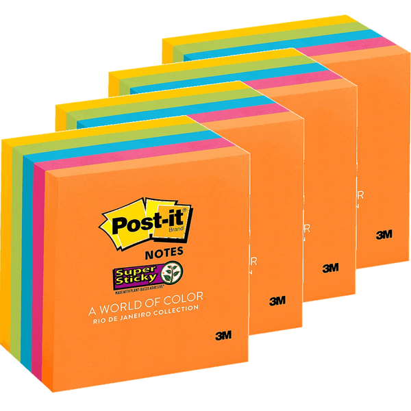4 Packs Post-It Super Sticky Notes 76x76mm Rio De Janeiro Colours Square 5 Pads Assorted Colours 70005250959 (4 Packs) - SuperOffice