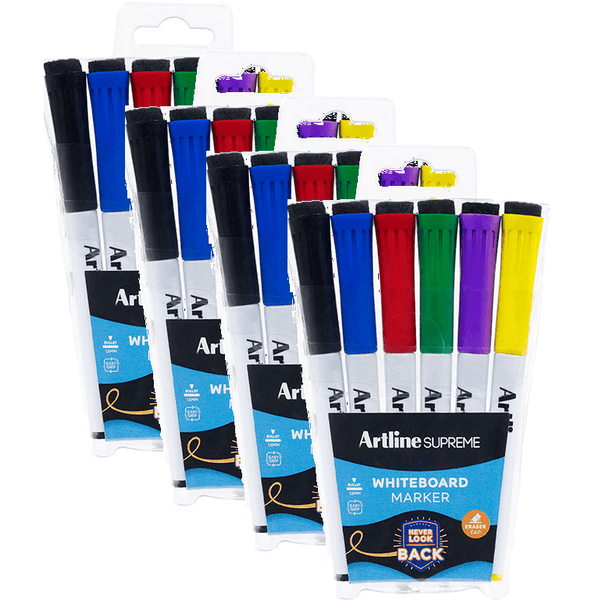 4 Sets Artline Supreme Eraser Cap Whiteboard Markers Assorted Colours Pack 6 115176 (4 Pack) - SuperOffice