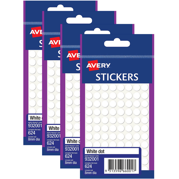 4x Avery 932001 Multi-Purpose Stickers Circle 8Mm White Pack 624 932001 (4 Pack) - SuperOffice