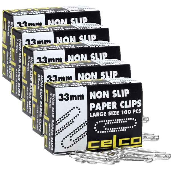 5 Boxes Celco Non-Slip Paper Clip 33mm Box 100 [500 Total] 0205940 (5 Boxes of 100) - SuperOffice