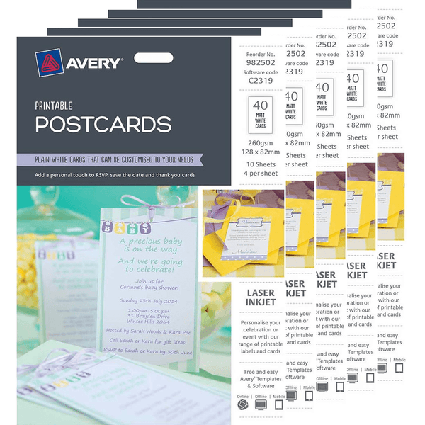 5 Pack Avery 982502 C2319 Postcards White Printable 40/Pack Post Cards 982502 (5 Pack) - SuperOffice