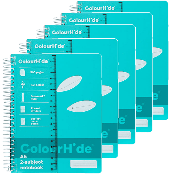 5 Pack Colourhide 2-Subject Notebook 300 Page A5 Aqua Blue 1717332J (5 Pack) - SuperOffice